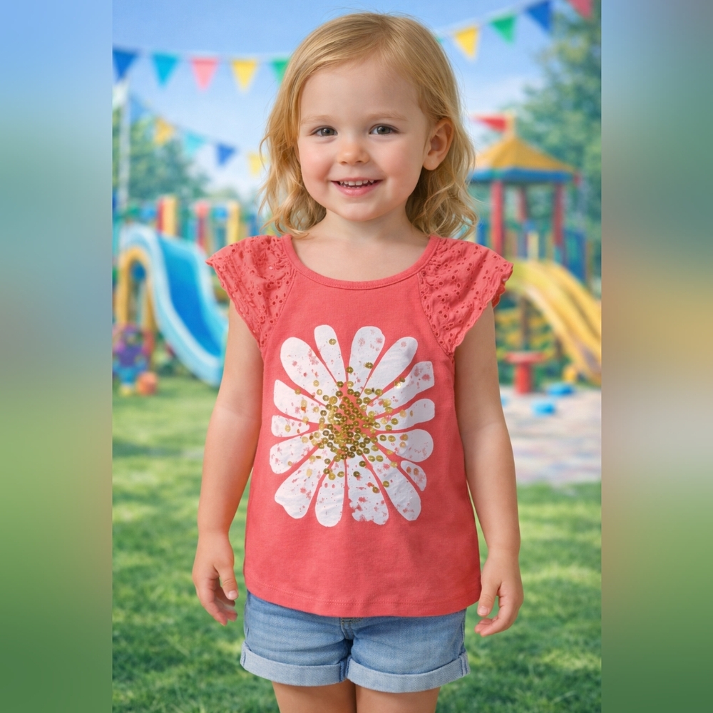 ⭐M3)  Falls Creek Kids Coral Eyelet Flower Top Girls Size 3T